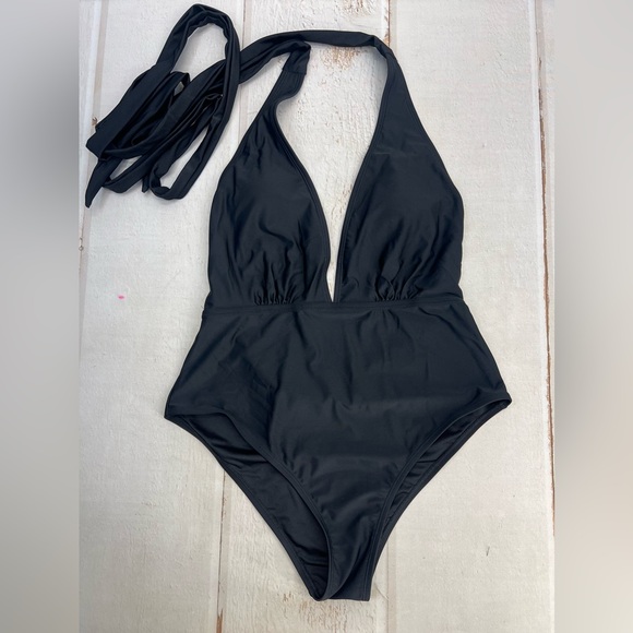 NWT Women's Deep V Neck Crisscross Back Self Tie One-piece Swimsuit SIZE LARGE - Picture 9 of 17